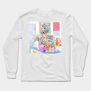 Dogs and bunch of tulips in preppy interior Long Sleeve T-Shirt